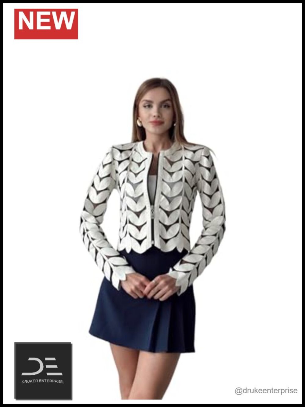 Genuine Lambskin Leather Jacket Handmade Leaf Design Notch Collar